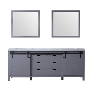 Lexora Marsyas LM342284DBBS000 84" Double Bathroom Vanity in Dark Grey with White Carrara Marble, White Rectangle Sink, with Mirrors