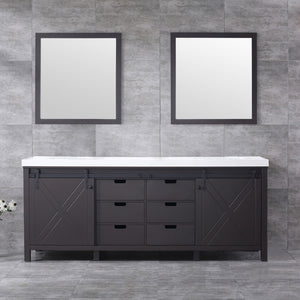 Lexora Marsyas LM342284DCCS000 84" Double Bathroom Vanity in Brown with White Quartz, White Rectangle Sinks, Rendered with Mirrors