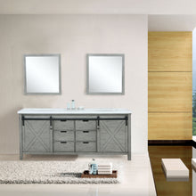 Load image into Gallery viewer, Lexora Marsyas LM342284DHCS000 84&quot; Double Bathroom Vanity in Ash Grey with White Quartz, White Rectangle Sinks, Rendered with Mirrors