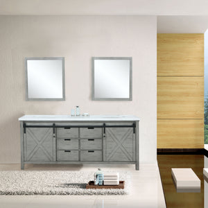 Lexora Marsyas LM342284DHCS000 84" Double Bathroom Vanity in Ash Grey with White Quartz, White Rectangle Sinks, Rendered with Mirrors