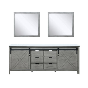 Lexora Marsyas LM342284DHCS000 84" Double Bathroom Vanity in Ash Grey with White Quartz, White Rectangle Sinks, with Mirrors