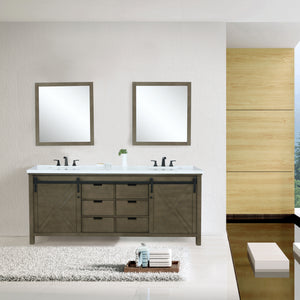 Lexora Marsyas LM342284DKCS000 84" Double Bathroom Vanity in Rustic Brown with White Quartz, White Rectangle Sinks, Rendered with Mirrors and Faucets