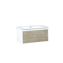Load image into Gallery viewer, Lexora Scopi LSC30SRAOS000 30&quot; Single Wall Mounted Bathroom Vanity in Rustic Acacia and Acrylic Top, Integrated Rectangle Sink, Angled View