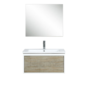 Lexora Scopi LSC30SRAOS000 30" Single Wall Mounted Bathroom Vanity in Rustic Acacia and Acrylic Top, Integrated Rectangle Sink, with Mirror and Faucet