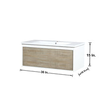 Load image into Gallery viewer, Lexora Scopi LSC36SRAOS000 36&quot; Single Wall Mounted Bathroom Vanity in Rustic Acacia and Acrylic Top, Integrated Rectangle Sink, Dimensions