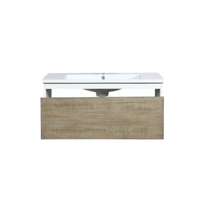 Lexora Scopi LSC36SRAOS000 36" Single Wall Mounted Bathroom Vanity in Rustic Acacia and Acrylic Top, Integrated Rectangle Sink, Open Drawer Front View