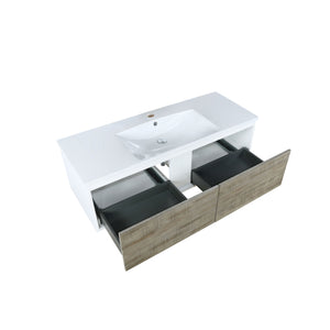 Lexora Scopi LSC48SRAOS000 48" Single Wall Mounted Bathroom Vanity in Rustic Acacia and Acrylic Top, Integrated Rectangle Sink, Open Drawers