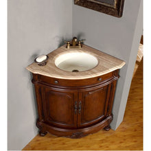 Load image into Gallery viewer, SILKROAD EXCLUSIVE LTP-0126B-T-UWC-32 32&quot; Single Bathroom Corner Vanity in Cherry with Travertine, White Oval Sink, Top Angled View