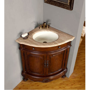 SILKROAD EXCLUSIVE LTP-0126B-T-UWC-32 32" Single Bathroom Corner Vanity in Cherry with Travertine, White Oval Sink, Top Angled View