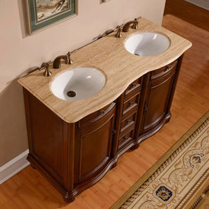 SILKROAD EXCLUSIVE LTR-0180-T-UWC-52 52" Double Bathroom Vanity in English Chestnut with Travertine, White Oval Sinks, Top Angled View
