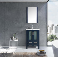 Load image into Gallery viewer, Lexora Volez LV341824SEES000 24&quot; Single Bathroom Vanity in Navy Blue, Integrated Rectangle Sink, Rendered with Mirror and Faucet