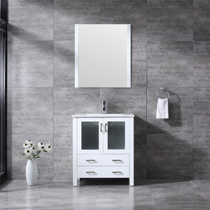 Lexora Volez LV341830SAES000 30" Single Bathroom Vanity in White, Integrated Rectangle Sink Rendered with Mirror and Faucet