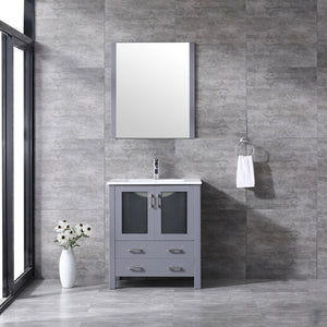 Lexora Volez LV341830SBES000 30" Single Bathroom Vanity in Dark Grey, Integrated Rectangle Sink, Rendered with Mirror and Faucet