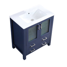 Load image into Gallery viewer, Lexora Volez LV341830SEES000 30&quot; Single Bathroom Vanity in Navy Blue, Integrated Rectangle Sink, Angled View