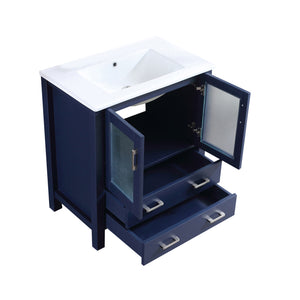 Lexora Volez LV341830SEES000 30" Single Bathroom Vanity in Navy Blue, Integrated Rectangle Sink, Open Doors and Drawers