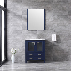 Lexora Volez LV341830SEES000 30" Single Bathroom Vanity in Navy Blue, Integrated Rectangle Sink, Rendered with Mirror