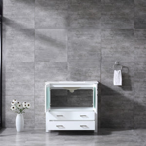 Lexora Volez LV341836SAES000 36" Single Bathroom Vanity in White, Integrated Rectangle Sink, Rendered Open Doors