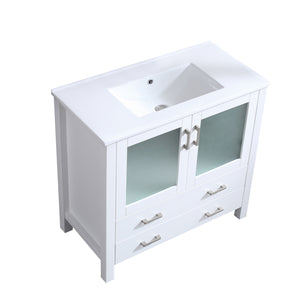 Lexora Volez LV341836SAES000 36" Single Bathroom Vanity in White, Integrated Rectangle Sink, Angled View