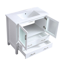 Load image into Gallery viewer, Lexora Volez LV341836SAES000 36&quot; Single Bathroom Vanity in White, Integrated Rectangle Sink, Open Doors and Drawers