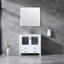 Load image into Gallery viewer, Lexora Volez LV341836SAES000 36&quot; Single Bathroom Vanity in White, Integrated Rectangle Sink, Rendered with Mirror and Faucet