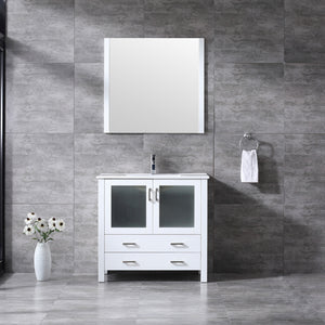 Lexora Volez LV341836SAES000 36" Single Bathroom Vanity in White, Integrated Rectangle Sink, Rendered with Mirror and Faucet