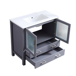 Lexora Volez LV341836SBES000 36" Single Bathroom Vanity in Dark Grey, Integrated Rectangle Sink, Open Doors and Drawers