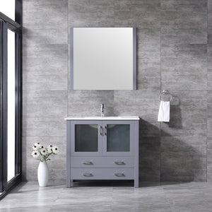 Lexora Volez LV341836SBES000 36" Single Bathroom Vanity in Dark Grey, Integrated Rectangle Sink, Rendered with Mirror and Faucet