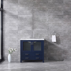 Lexora Volez LV341836SEES000 36" Single Bathroom Vanity in Navy Blue, Integrated Rectangle Sink, Rendered Front View