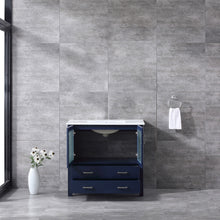Load image into Gallery viewer, Lexora Volez LV341836SEES000 36&quot; Single Bathroom Vanity in Navy Blue, Integrated Rectangle Sink, Rendered Open Door