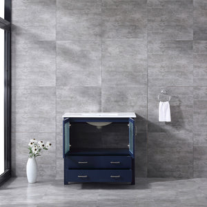Lexora Volez LV341836SEES000 36" Single Bathroom Vanity in Navy Blue, Integrated Rectangle Sink, Rendered Open Door
