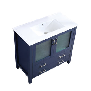 Lexora Volez LV341836SEES000 36" Single Bathroom Vanity in Navy Blue, Integrated Rectangle Sink, Angled View