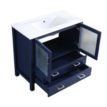 Load image into Gallery viewer, Lexora Volez LV341836SEES000 36&quot; Single Bathroom Vanity in Navy Blue, Integrated Rectangle Sink, Open Doors and Drawers