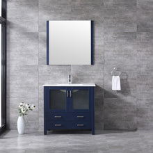 Load image into Gallery viewer, Lexora Volez LV341836SEES000 36&quot; Single Bathroom Vanity in Navy Blue, Integrated Rectangle Sink, Rendered with Mirror and Faucet
