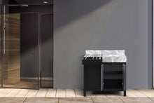 Load image into Gallery viewer, Lexora Zilara LZ342236SLIS000 36&quot; Single Bathroom Vanity in Black and Grey with Castle Grey Marble, White Rectangle Sink, Rendered Open Doors and Drawer