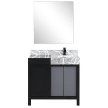 Load image into Gallery viewer, Lexora Zilara LZ342236SLIS000 36&quot; Single Bathroom Vanity in Black and Grey with Castle Grey Marble, White Rectangle Sink, with Mirror and Black Faucet