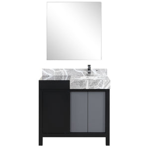 Lexora Zilara LZ342236SLIS000 36" Single Bathroom Vanity in Black and Grey with Castle Grey Marble, White Rectangle Sink, with Mirror and Chrome Faucet