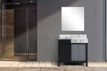 Load image into Gallery viewer, Lexora Zilara LZ342236SLIS000 36&quot; Single Bathroom Vanity in Black and Grey with Castle Grey Marble, White Rectangle Sink Rendered with Mirror