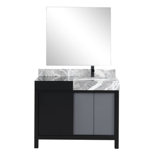 Lexora Zilara LZ342242SLIS000 42" Single Bathroom Vanity in Black and Grey with Castle Grey Marble, White Rectangle Sink, with Mirror and Black Faucet