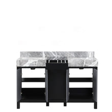 Load image into Gallery viewer, Lexora Zilara LZ342255SLIS000 55&quot; Double Bathroom Vanity in Black and Grey with Castle Grey Marble, White Rectangle Sinks, Open Doors