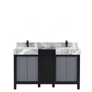 Lexora Zilara LZ342255SLIS000 55" Double Bathroom Vanity in Black and Grey with Castle Grey Marble, White Rectangle Sinks, with Black Faucets