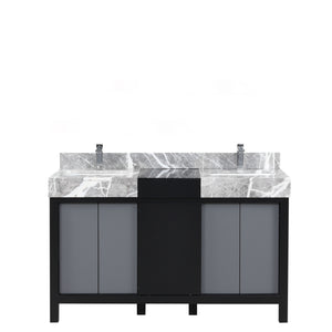 Lexora Zilara LZ342255SLIS000 55" Double Bathroom Vanity in Black and Grey with Castle Grey Marble, White Rectangle Sinks, with Chrome Faucets