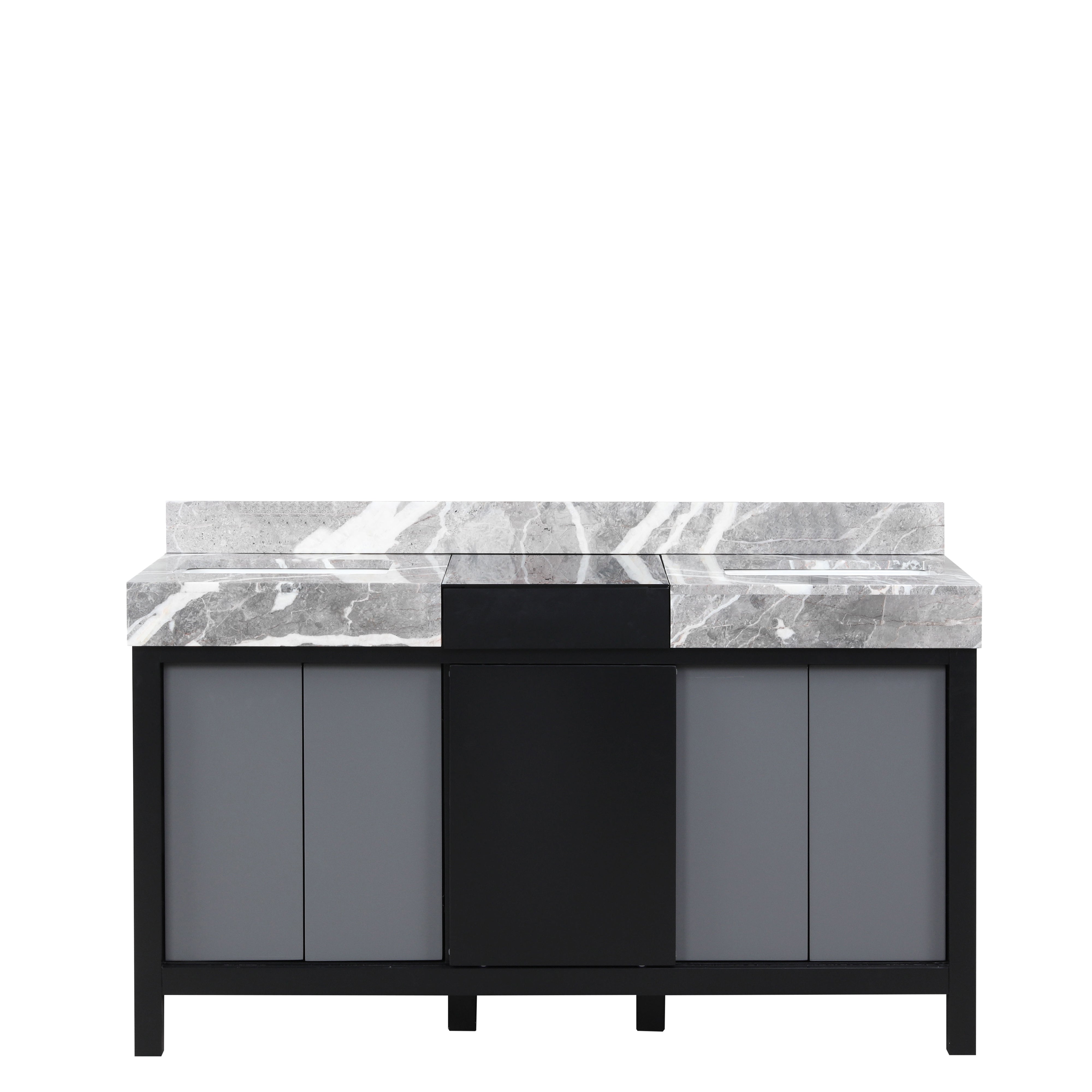 Lexora Zilara LZ342260DLIS000 60" Double Bathroom Vanity in Black and Grey with Castle Grey Marble, White Rectangle Sinks, Front View