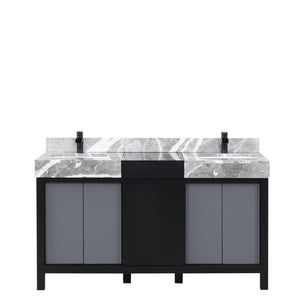 Lexora Zilara LZ342260DLIS000 60" Double Bathroom Vanity in Black and Grey with Castle Grey Marble, White Rectangle Sinks, with Black Faucets
