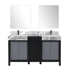 Load image into Gallery viewer, Lexora Zilara LZ342260DLIS000 60&quot; Double Bathroom Vanity in Black and Grey with Castle Grey Marble, White Rectangle Sinks, with Mirrors and Gun Metal Faucets