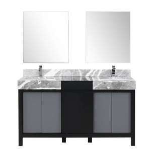 Lexora Zilara LZ342260DLIS000 60" Double Bathroom Vanity in Black and Grey with Castle Grey Marble, White Rectangle Sinks, with Mirrors and Chrome Faucets