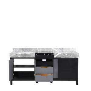 Lexora Zilara LZ342272DLIS000 72" Double Bathroom Vanity in Black and Grey with Castle Grey Marble, White Rectangle Sinks, Open Doors and Drawers