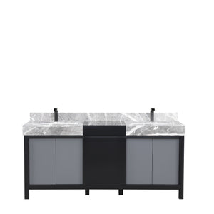 Lexora Zilara LZ342272DLIS000 72" Double Bathroom Vanity in Black and Grey with Castle Grey Marble, White Rectangle Sinks, with Gun Metal Faucets