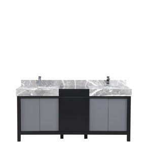 Lexora Zilara LZ342272DLIS000 72" Double Bathroom Vanity in Black and Grey with Castle Grey Marble, White Rectangle Sinks, with Chrome Faucets