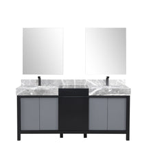 Load image into Gallery viewer, Lexora Zilara LZ342272DLIS000 72&quot; Double Bathroom Vanity in Black and Grey with Castle Grey Marble, White Rectangle Sinks, with Mirrors and Gun Metal Faucets