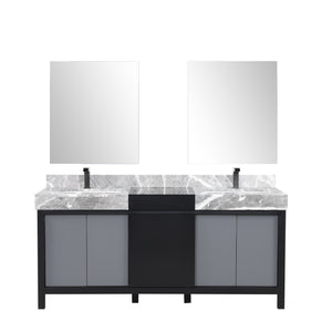 Lexora Zilara LZ342272DLIS000 72" Double Bathroom Vanity in Black and Grey with Castle Grey Marble, White Rectangle Sinks, with Mirrors and Gun Metal Faucets